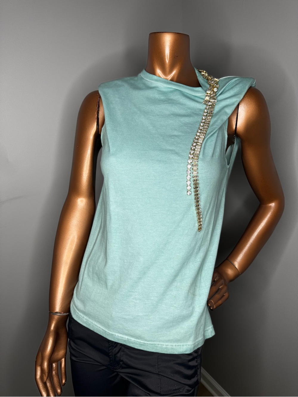Sleeveless Mint Tank Top with Draped Rhinestone Detail
